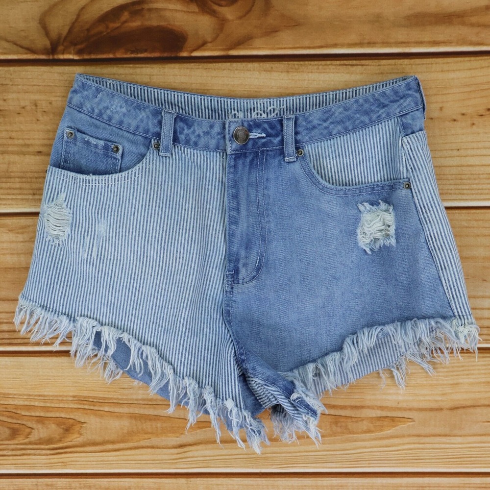 Rue 21 Cut-Off‎ Jean Shorts Womens Sz 6 Blue Colorblock Striped Denim Distressed